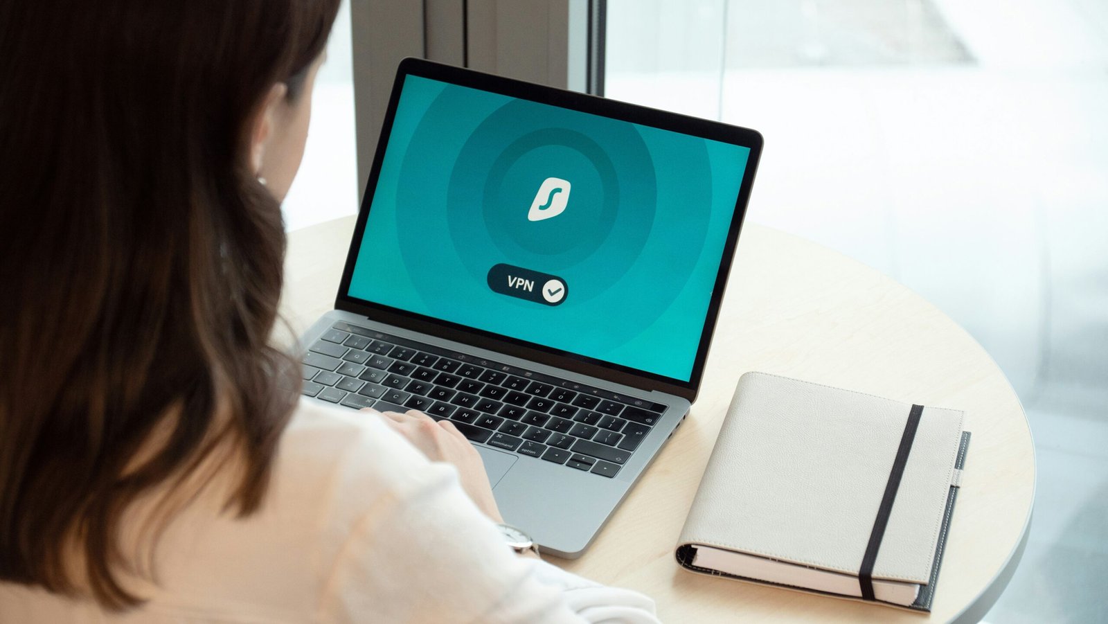 Women looking at the computer with security logo